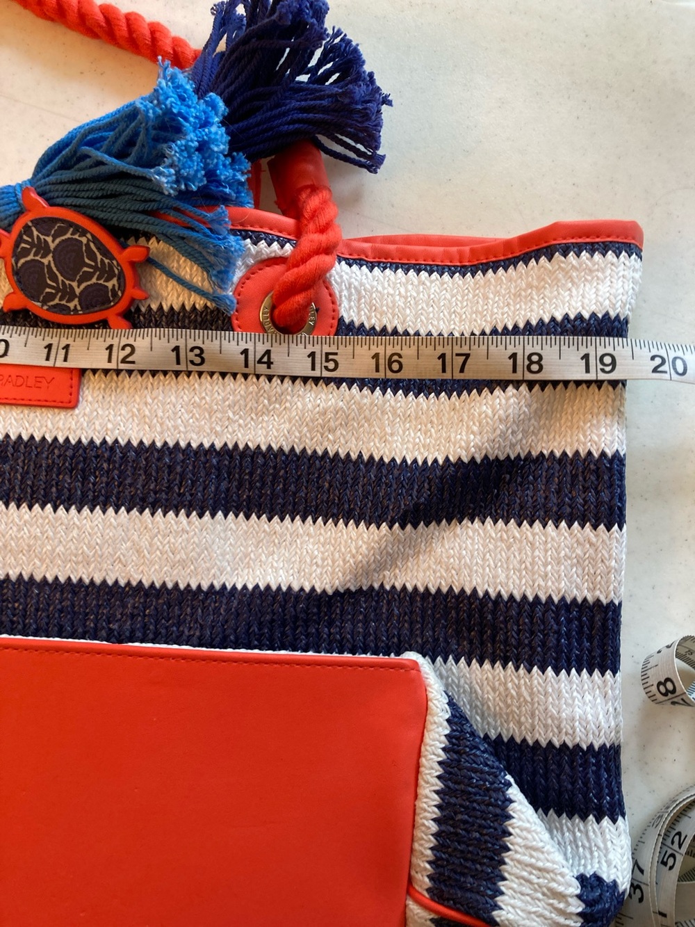 Vera Bradley Navy and White Striped Tote with Orange Trim and Tassel - Picture 7 of 11